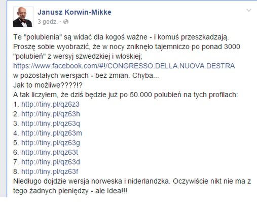 Korwin-Mikke na tropie znikających lajków. Facebook wrogiem partii Korwin?! 2