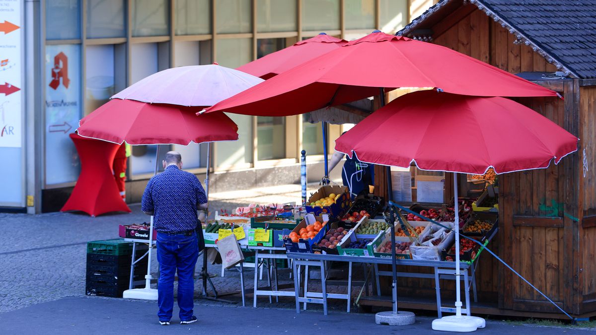 Fresh fruit and vegetables for sale at a grocery stall in Berlin, Germany, on Friday, Sept. 8, 2023. ECB officials meeting Sept. 14 must assess if a recent slowdown of the economy is sufficient to warrant a first pause in the relentless tightening cycle that began more than a year ago. Photographer: Krisztian Bocsi/Bloomberg via Getty Images