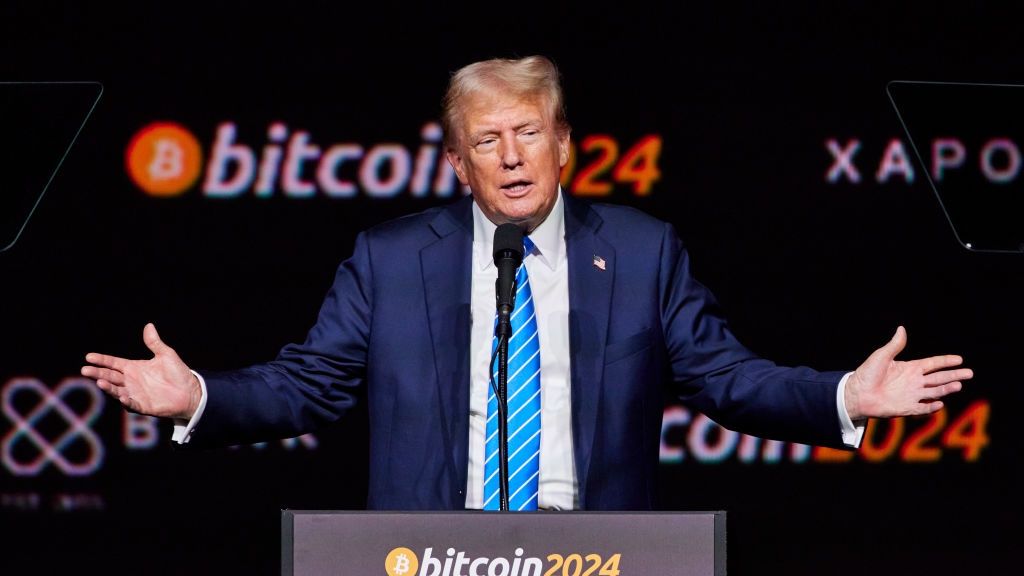 NASHVILLE, TN -  Donald Trump reacts at the 2024 Bitcoin Confer
NASHVILLE, TN -  Donald Trump reacts at the 2024 Bitcoin Conference in Nashville, TN. (Photo by Johnnie Izquierdo for The Washington Post via Getty Images)
The Washington Post