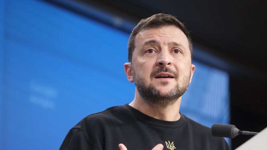 BRUSSELS, BELGIUM - OCTOER 17:  President of Ukraine Volodymyr Zelenskyy talks to media during an EU Summit in the Justus Lipsius building, the EU Council headquarter on October 17, 2024 in Brussels, Belgium. Ukraine's President Volodymyr Oleksandrovytch Zelensky proposes, at the EU Council, to deploy a non-nuclear deterrence package on its territory to force Russia to the negotiating table and protect itself from future aggression.(Photo by Thierry Monasse/Getty Images)