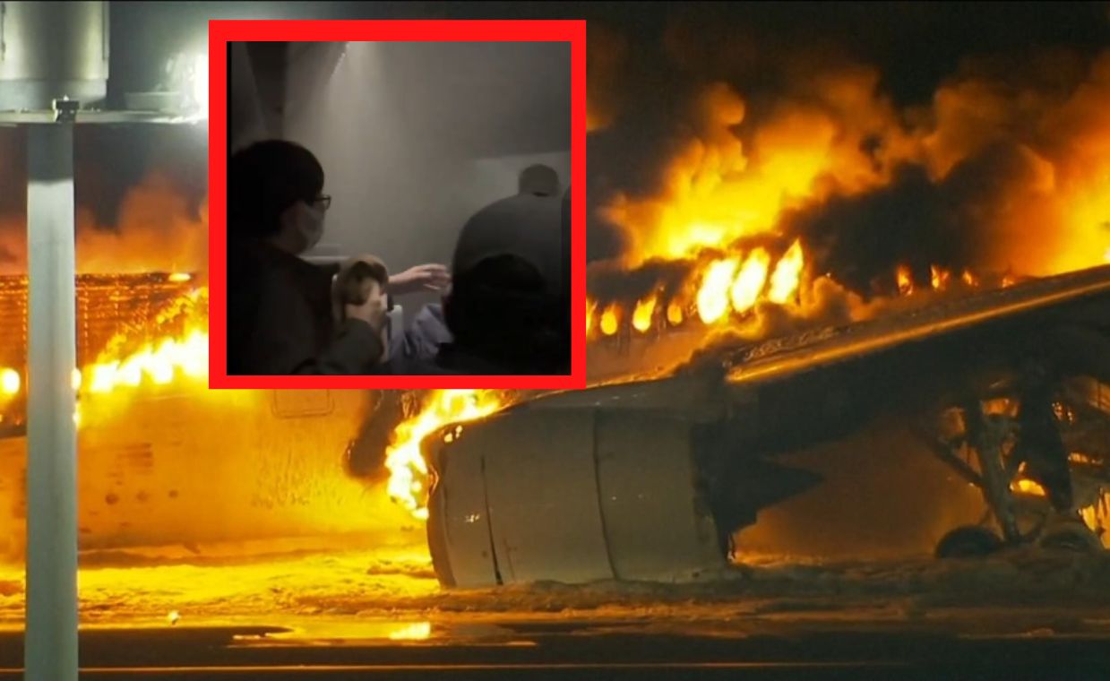 Samolot stanął w płomieniach na lotnisku w Tokio. Jest nagranie ze środka
