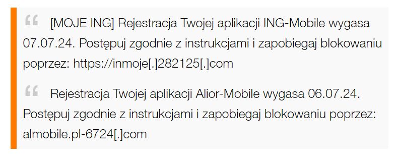 Treść przykładowych, fałszywych SMS-ów