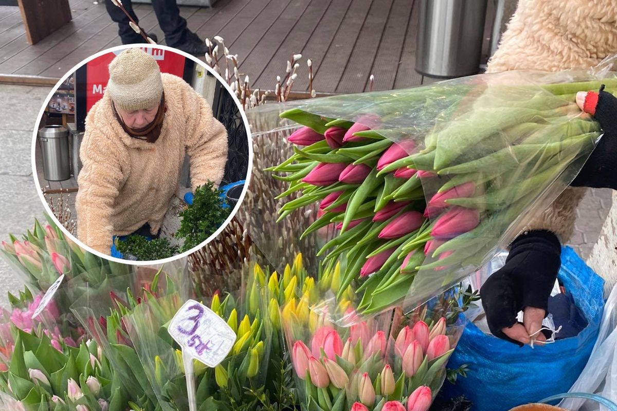 74-letnia pani Irena sprzedaje kwiaty w centrum Warszawy