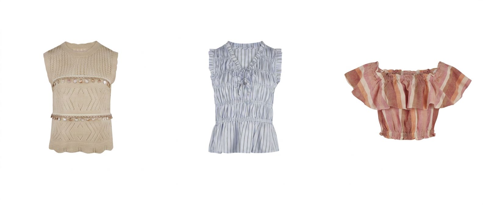 TK Maxx – kremowy top w muszelki (99,99zł), niebieski falbaniast
