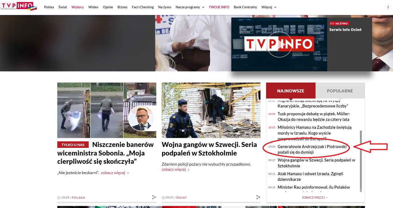 Tutaj można było znaleźć news o dymisji generałów