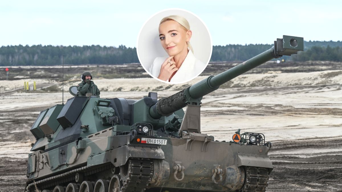 Na zdjęciu polska armatohaubica Krab, w kółku wiceprezes BGK Marta Postuła