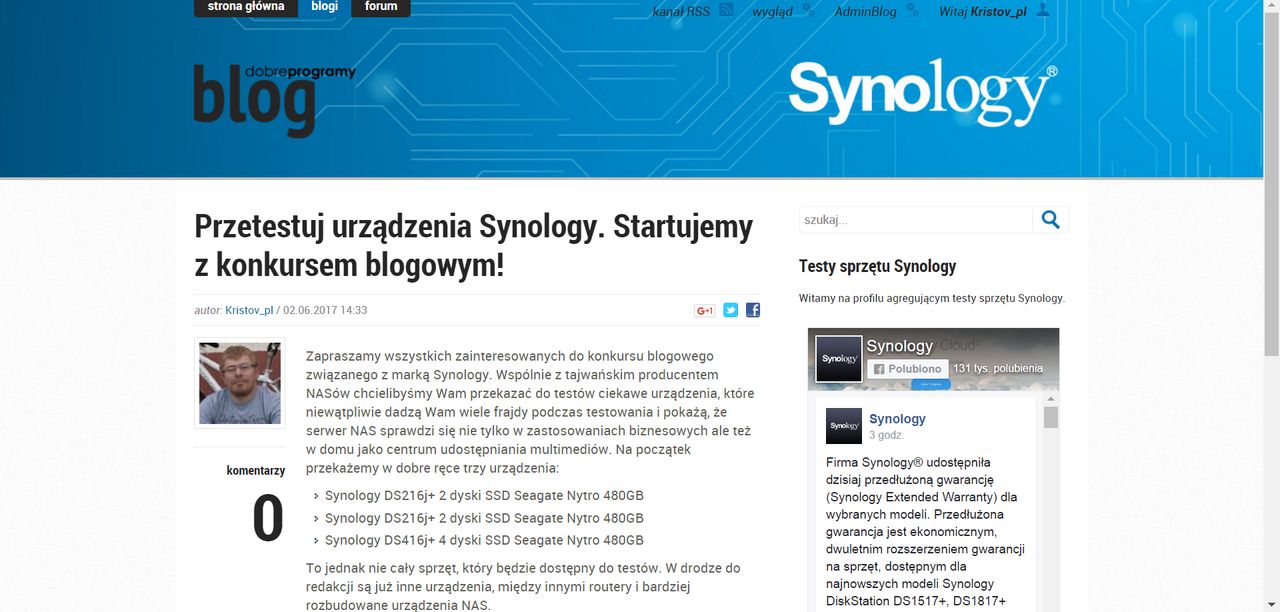 Przetestuj urządzenia Synology i wygraj NASa. Startujemy z konkursem blogowym!