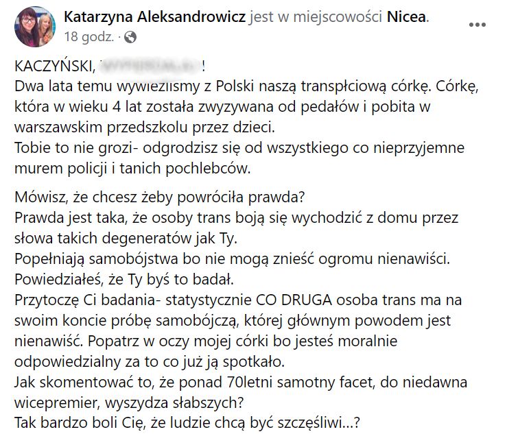 Katarzyna Aleksandrowicz udostępniła emocjonalny wpis skierowany do Jarosława Kaczyńskiego