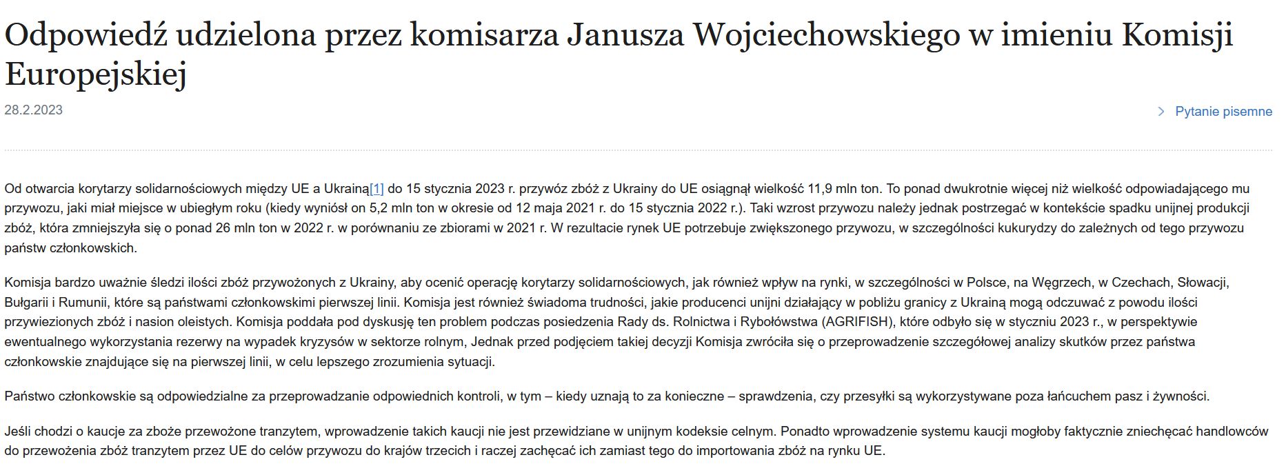 Oficjalna odpowiedź Janusza Wojciechowskiego na pytania europosła Jarosława Kalinowskiego ws. tranzytu ukraińskiego zboża