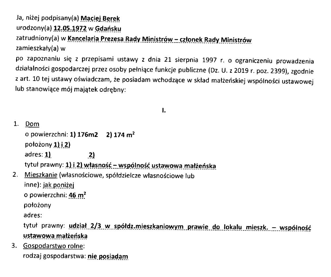 Fragment oświadczenia majątkowego Macieja Berka