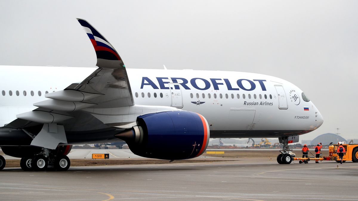 MOSCOW REGION, RUSSIA - MARCH 4, 2020: The first Airbus À350-900 aircraft of the Aeroflot - Russian Airlines named after Russian composer Pyotr Tchaikovsky during the unveiling ceremony at Sheremetyevo International Airport. Sergei Bobylev/TASS (Photo by Sergei Bobylev\TASS via Getty Images)