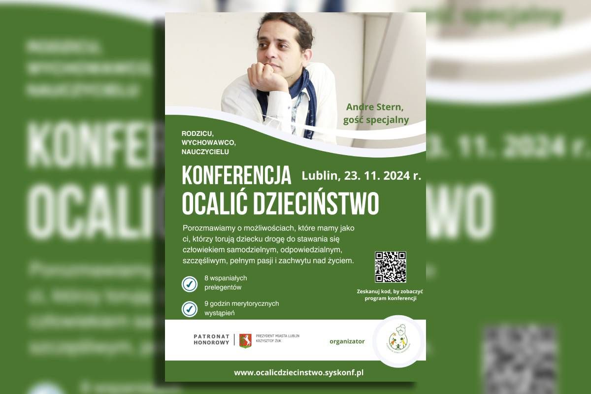 Plakat grafika Ocalić dzieciństwo. Konferencja z udziałem specjalnym Andre Sterna