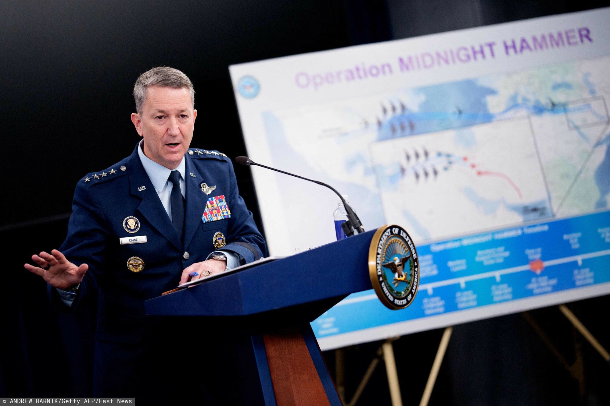 TemporaryARLINGTON, VIRGINIA - JUNE 22: Chairman of the Joint Chiefs of Staff Air Force Gen. Dan Caine discusses the mission details of a strike on Iran during a news conference at the Pentagon on June 22, 2025 in Arlington, Virginia. U.S. President Donald Trump gave an address to the nation last night after three Iranian nuclear facilities were struck by the U.S. military.   Andrew Harnik/Getty Images/AFP (Photo by Andrew Harnik / GETTY IMAGES NORTH AMERICA / Getty Images via AFP)ANDREW HARNIK