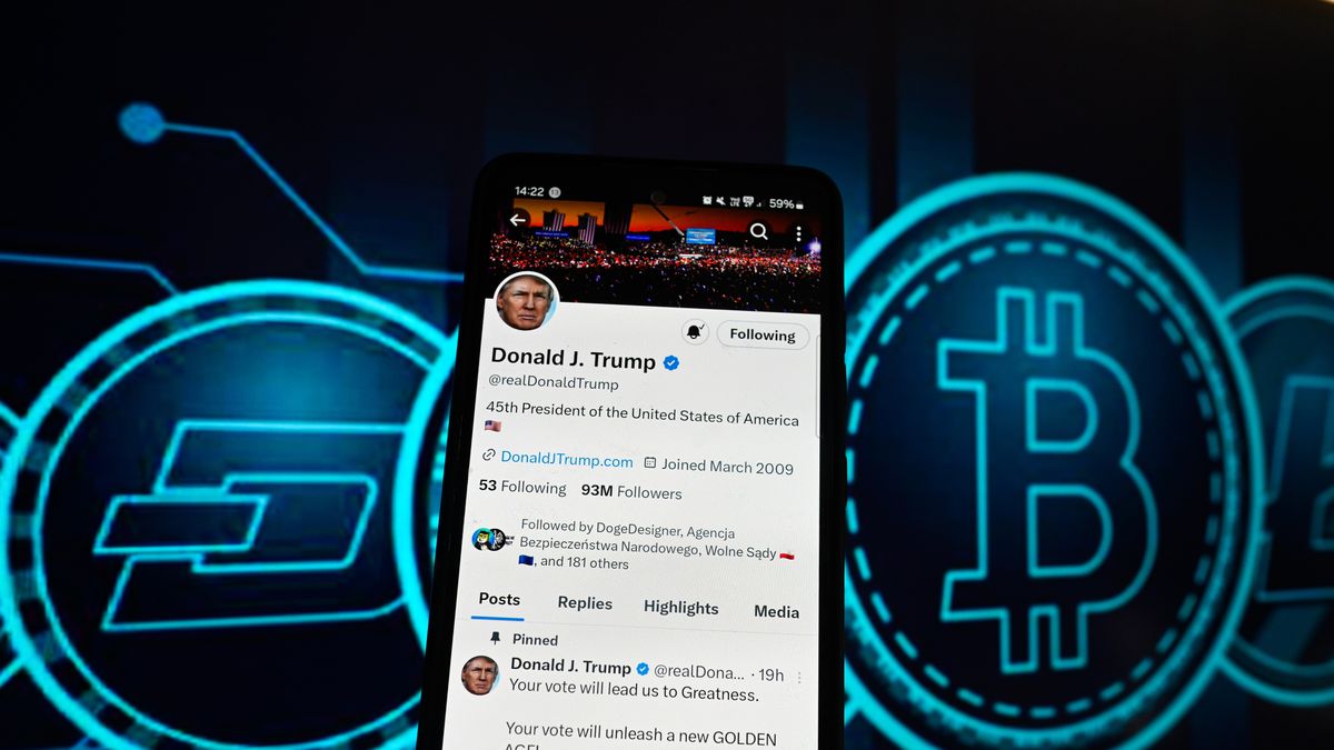 POLAND - 2024/11/06: In this photo illustration, Donald Trump's X account is displayed on a smartphone with Bitcoin logo in the background. (Photo Illustration by Omar Marques/SOPA Images/LightRocket via Getty Images)