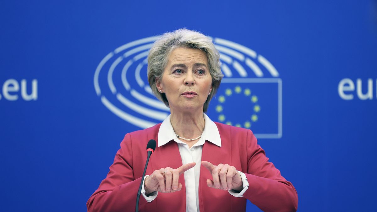 STRASBOURG, FRANCE - OCTOBER 18: President of the European Commission Ursula von der Leyen, European Commissioner for Energy Kadri Simson (not seen) and European Commissioner for Financial Stability, Financial Services and the Capital Markets Union Mairead McGuinness (not seen) hold a joint press conference with the agenda of high energy prices and security of supply in Strasbourg, France on October 18, 2022. (Photo by Dursun Aydemir/Anadolu Agency via Getty Images)