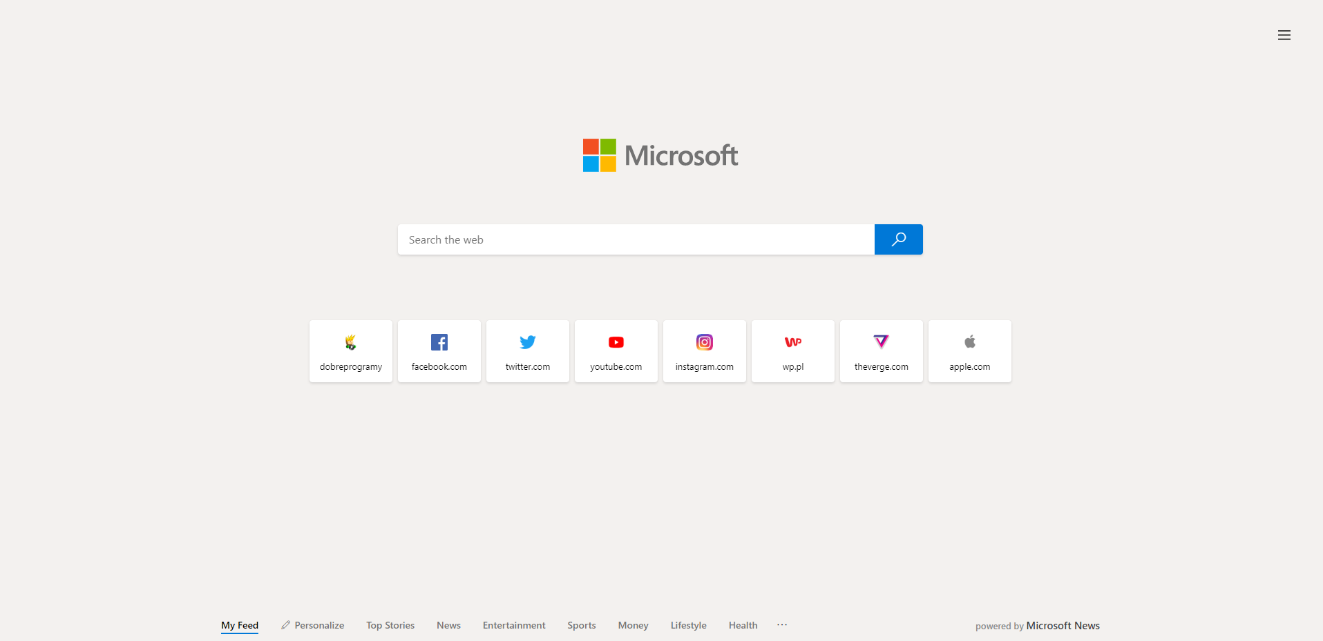 Tryb "focused", czyli najbardziej czytelny i najprostszy widok strony startowej.
