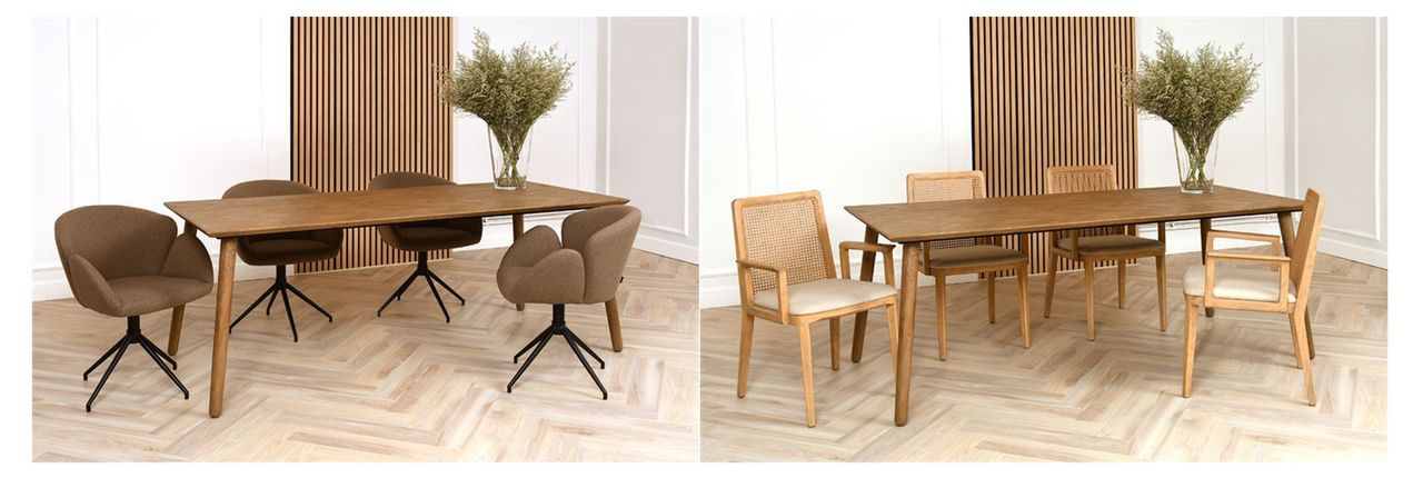 Stół Reus w stylu vintage z krzesłami Leaf w stylu nowoczesnym (z lewej) i Morgan w stylu boho (z prawej). 