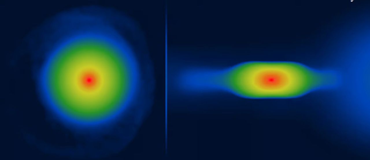 Formująca się protoplaneta - widok z góry (z lewej) i z boku (z prawej)