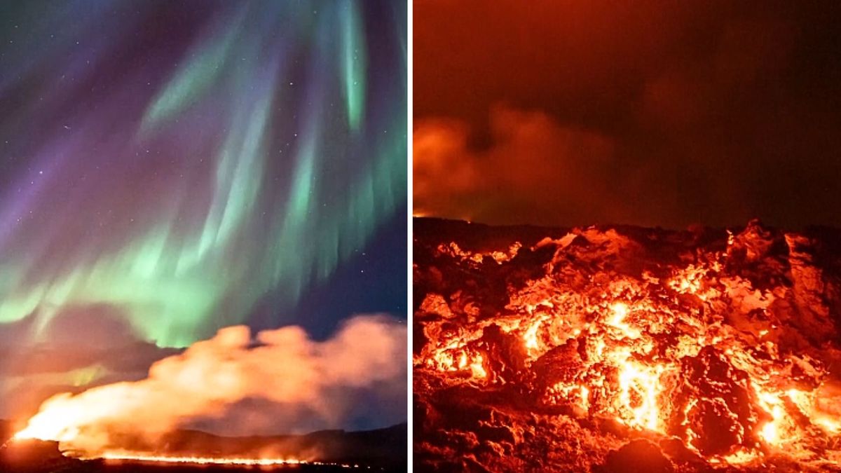 islandia, zorza polarna, wulkan Wyjątkowe nagranie z Islandii. Erupcja wulkanu i zorza polarna