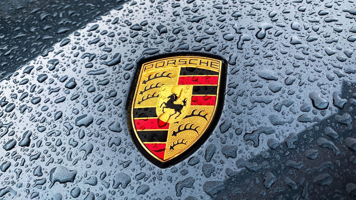 Raindrops are seen on Porsche logo on a car in Krakow Poland on February 6, 2022. (Photo by Jakub Porzycki/NurPhoto via Getty Images)