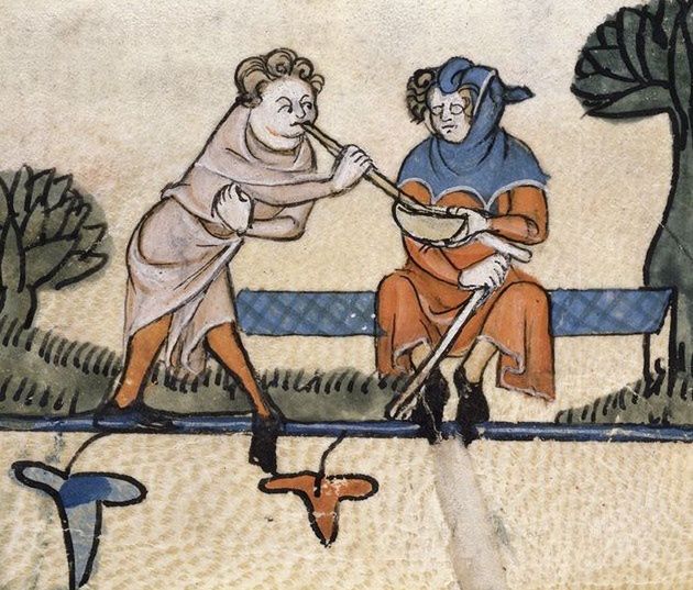 Żebrak kradnący jedzenie. Miniatura z przełomu XIII i XIV w.