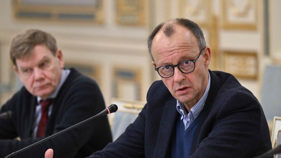 Temporary
Leader of Germany's Christian Democratic Union (CDU) Friedrich Merz (C) speaks with Ukrainian President during their meeting in Kyiv on December 9, 2024, amid the Russian invasion of Ukraine. (Photo by Genya SAVILOV / AFP)
GENYA SAVILOV