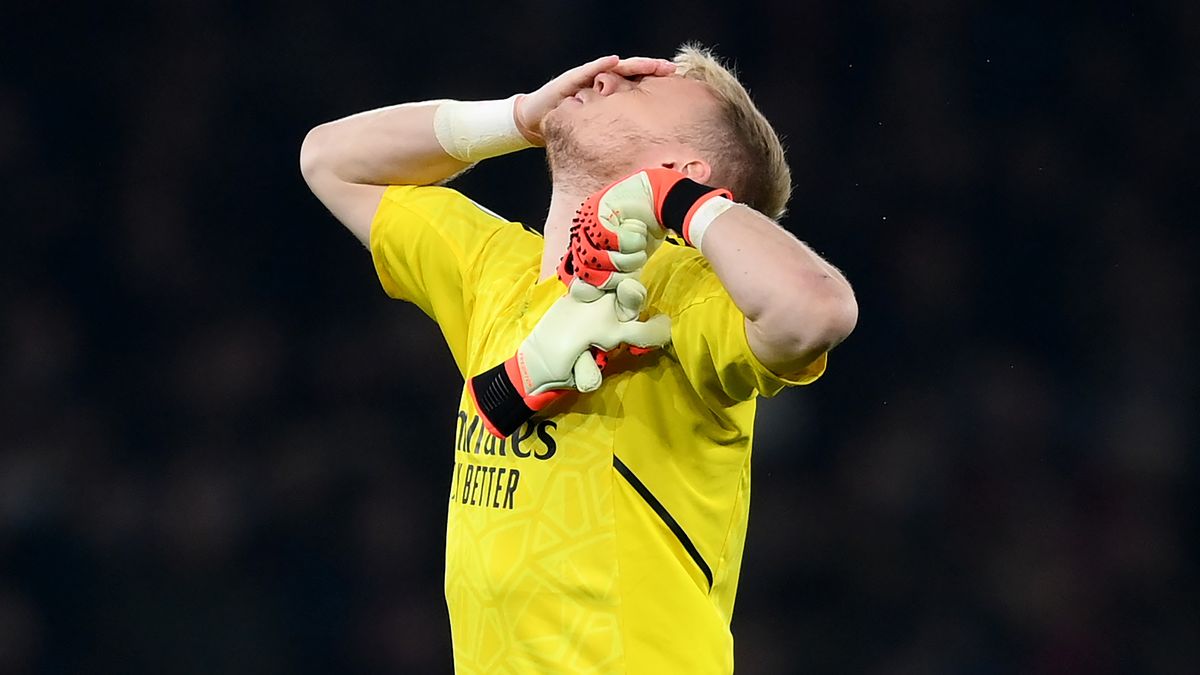 LONDON, ENGLAND - APRIL 21:  Aaron Ramsdale of Arsenal reacts at the end of the Premier League match between Arsenal FC and Southampton FC at Emirates Stadium on April 21, 2023 in London, England. (Photo by Shaun Botterill/Getty Images)