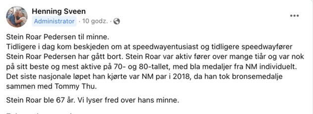 Informacja o śmierci Steina Roara Pedersena (grupa Speedway Norge na Facebooku)