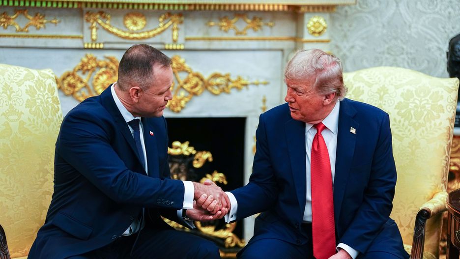 United States President Donald J. Trump (R) and President Karol Nawrocki (L) of the Republic of Poland shake hands as they participate in a bilateral meeting in the Oval Office of the White House in Washington, DC, USA, 03 September 2025. EPA/AARON SCHWARTZ / POOL Dostawca: PAP/EPA.