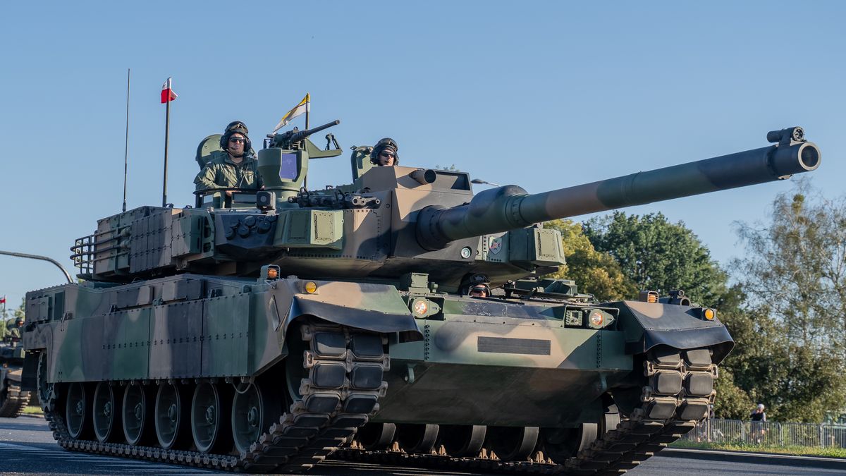 A Polish Army K2 Black Panther main battle tank is seen during a general rehearsal of the land component ahead of the Polish Armed Forces Day (Swieto Wojska Polskiego) military parade on the Wislostrada in Warsaw, Poland, on August 9, 2026.  (Photo by Marek Antoni Iwanczuk/NurPhoto via Getty Images)
