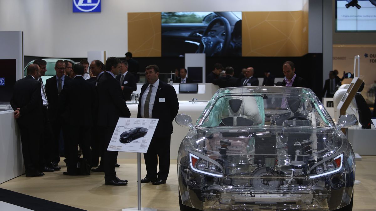 The IAA Frankfurt Motor Show Preview Day 2
A transparent safety display vehicle sits on display at the ZF Friedrichshafen AG exhibition stand at the IAA Frankfurt Motor Show in Frankfurt, Germany, on Wednesday, Sept. 16, 2015. The Frankfurt International Motor Show starts on Thursday, and nearly one million visitors are expected to view the latest must-have vehicles and motoring technology from over 1,000 exhibitors in a space equivalent to 33 soccer fields. Photographer: Chris Ratcliffe/Bloomberg via Getty Images
Bloomberg
EMEA; EUROPE, AUTO; AUTOS; CAR; CARS; VEHICLE, AUTOMOBILE, BUSINESS; FINANCE; FINANCIAL, MANUFACTURE; MANUFACTURING, GERMANY; GERMAN; EUROPE, IAAMOTORSHOW2015