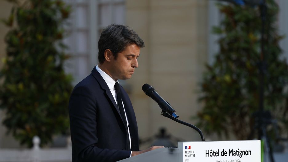 Temporary
French Prime Minister Gabriel Attal delivers a speech after the second round of the legislative elections, Sunday, July 7, 2024 in Paris. A coalition of the French left that quickly banded together to beat a surging far right in legislative elections won the most seats in parliament but not a majority, according to polling projections Sunday, a stunning outcome that threatens to plunge the country into political and economic turmoil. (AP Photo/Aurelien Morissard)
Aurelien Morissard