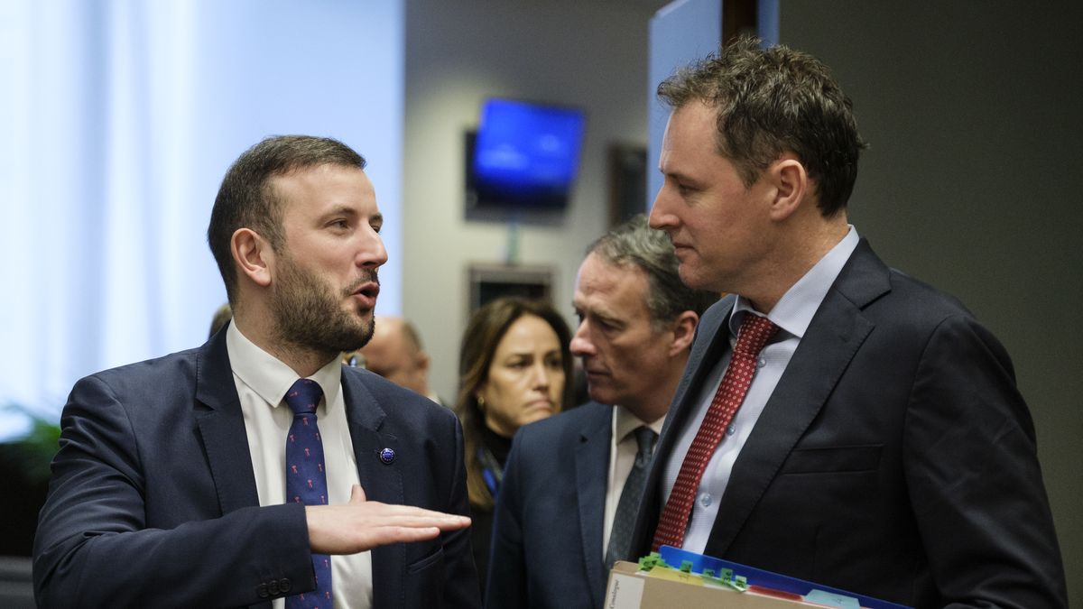 BRUSSELS, BELGIUM - MARCH 20: EU Commissioner for Environment, Oceans and Fisheries Virginijus Sinkevicius (L) is talking with the Irish Minister for Agriculture, Food and the Marine Charlie McConalogue (R) prior the start of an EU Agriculture and fisheries Ministers meeting in the Justus Lipsius, the EU Council headquarter on March 20, 2023 in Brussels, Belgium. Ministers will exchange views on the Commissions new package of measures to increase the sustainability and resilience of the EUs fisheries and aquaculture sector. On Agriculture, based on information from the Commission and the member states, ministers will exchange views on the current market situation, particularly in light of the Russian invasion of Ukraine. (Photo by Thierry Monasse/Getty Images)