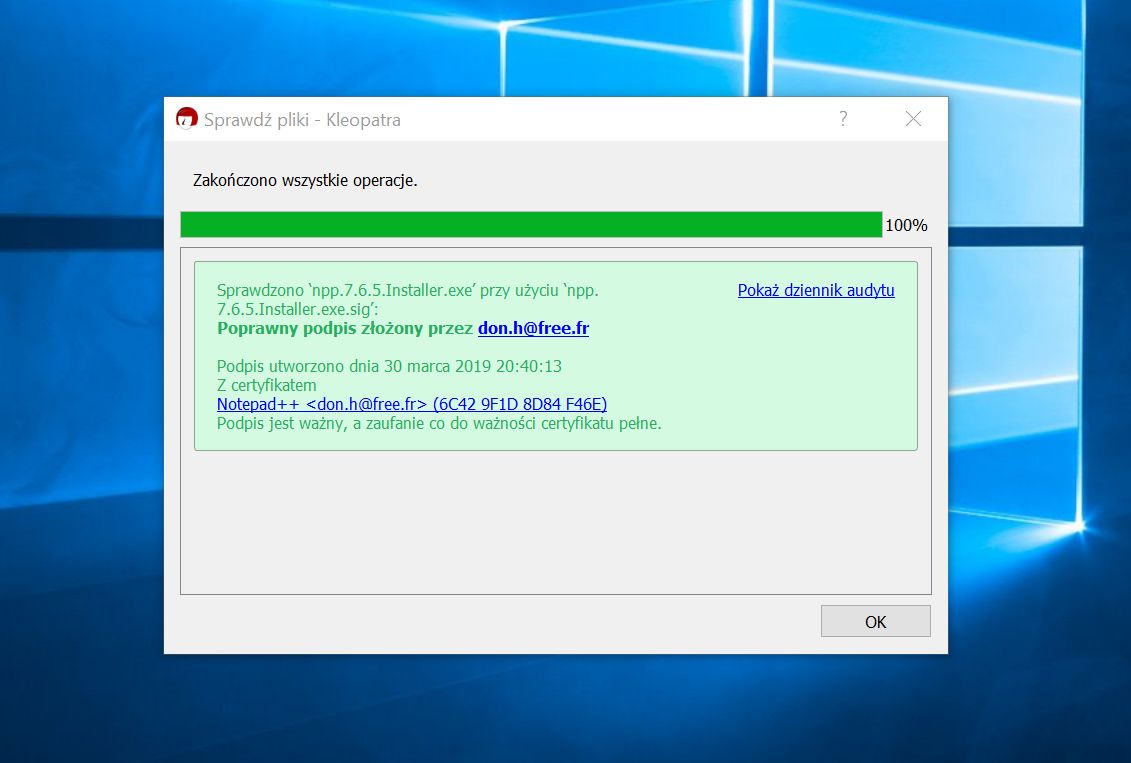 Podpis został pozytywnie zweryfikowany, można spokojnie instalować Notepad++