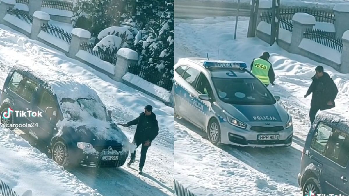 Policjant pożyczył kierowcy swoją szczotkę do odśnieżania.