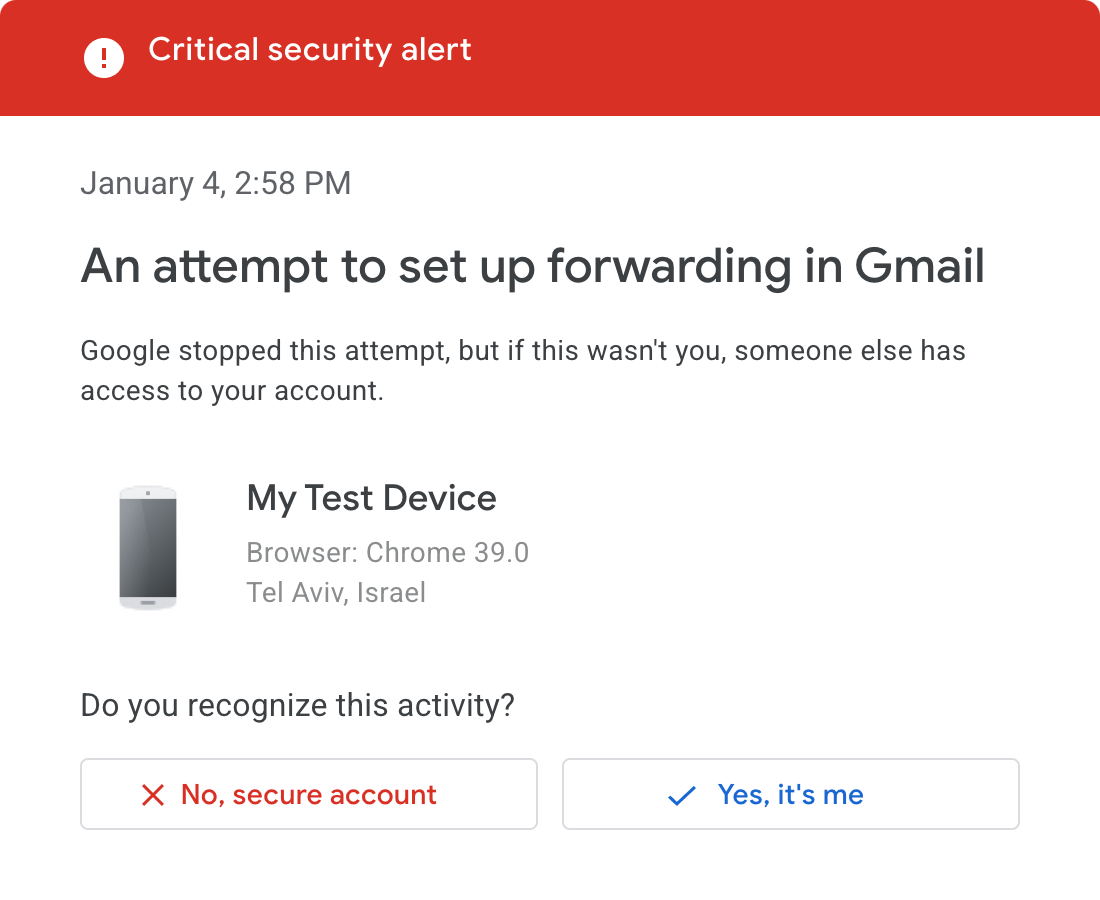 Alert Gmaila o próbie ustawienia przekierowania wiadomości