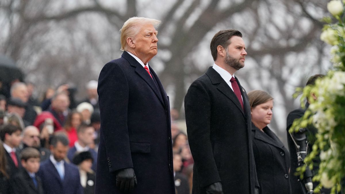 Arlington, VA - January 19: President-Elect Donald Trump and Vice President-elect JD Vance participate in a wreath-laying ceremony at the Tomb of the Unknown Soldier in Arlington National Cemetery on January 19, 2025 in Arlington, Virginia.

(Photo by Jabin Botsford /The Washington Post via Getty Images)