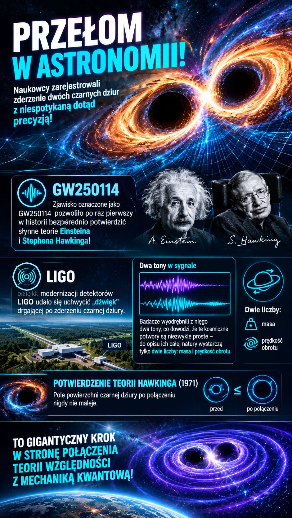 Niezwykłe odkrycie detektorów LIGO. Potwierdzono słynne twierdzenie Hawkinga z 1971 roku