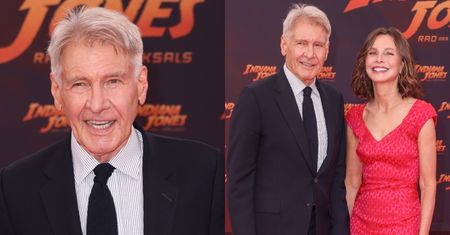 Harrison Ford rozdaje uśmiechy na berlińskiej premierze Indiany Jonesa. Towarzyszyła mu młodsza o 22 lata żona (ZDJĘCIA)