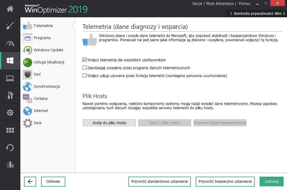 Ustawienia telemetrii.