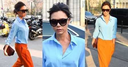 Victoria Beckham w pomarańczowych spodniach