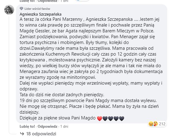 Córka Marzenny Koniuszy z "Kuchennych Rewolucji" zabrała głos