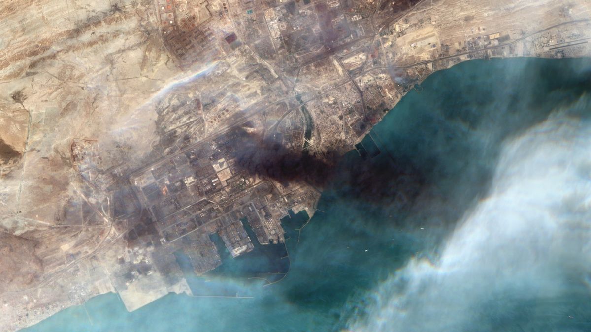 HORMAZGAN, IRAN - 27 APRIL 2025: Satellite view of Shahid Rajaee Port in Bandar Abbas, Iran, shows the devastation from an explosion on April 26, 2025, that killed at least 40 and injured over 1,200. Authorities are investigating the cause, with concerns over hazardous chemicals and broader security implications. Imaged 27 April 2025. (Photo by Gallo Images/Orbital Horizon/Copernicus Sentinel Data 2025)