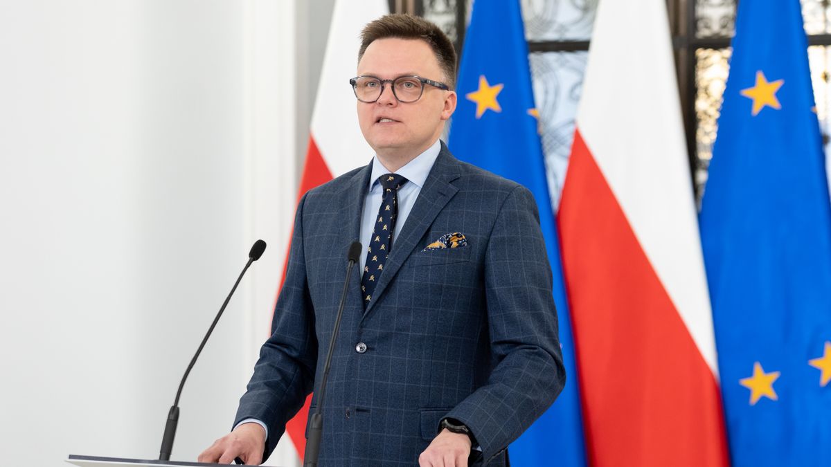 Marshal of the Sejm Szymon Holownia is speaking at a press conference in Warsaw, Poland, on February 20, 2024. (Photo by Foto Olimpik/NurPhoto via Getty Images)