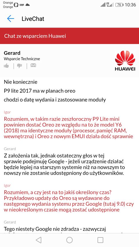 Fragment rozmowy ze Wsparciem Technicznym Huawei, źródło: android.com.pl.