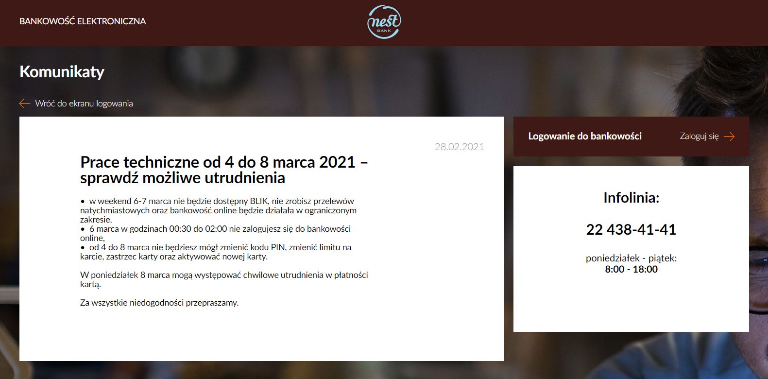 Nest Bank informuje o planowanych pracach na swojej stronie, fot. Oskar Ziomek.