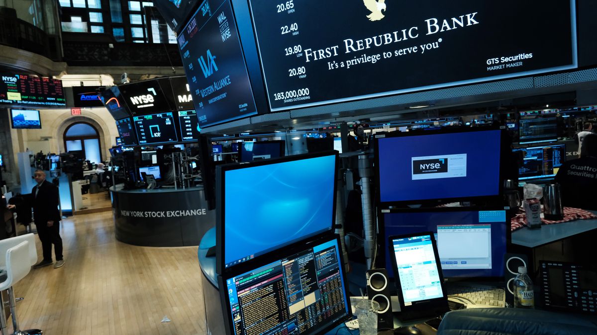 NEW YORK, NEW YORK - MARCH 16: First Republic Bank is displayed on a monitor on the floor of the New York Stock Exchange (NYSE) on March 16, 2023 in New York City. Stocks fell again in morning trading as investors continue to show concerns over the stability of global banks following the collapse last week of Silicon Valley Bank.  (Photo by Spencer Platt/Getty Images)