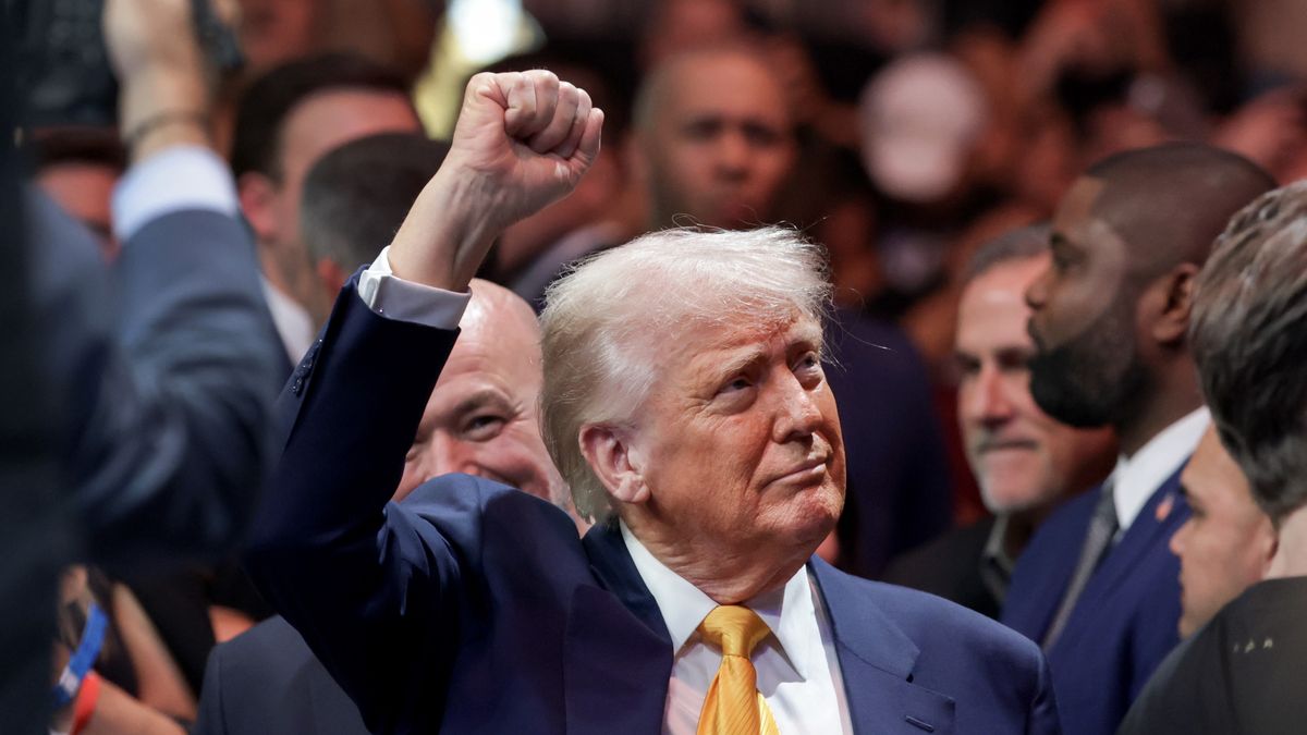 MIAMI, FLORIDA - APRIL 12: U.S. President Donald Trump prepares to watch the Ultimate Fighting Championship at the Kaseya Center on April 12, 2025 in Miami, Florida. The Trump administration issued a rule late Friday that spared smartphones, computers, semiconductors, and other electronics from some of the tariffs they have enacted. (Photo by Joe Raedle/Getty Images)