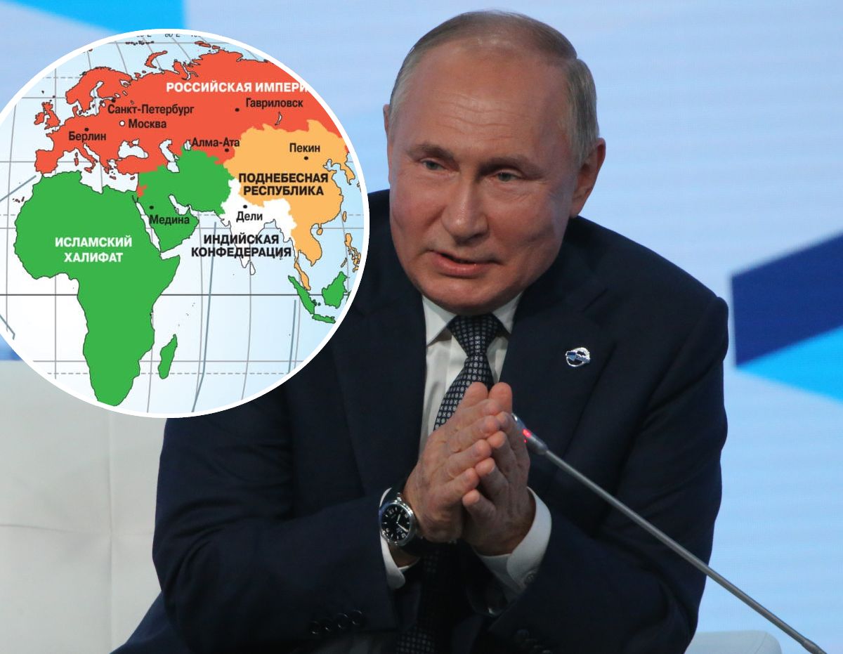 Władimir Putin i mapa świata z "proroczej" książki z 2006 r.