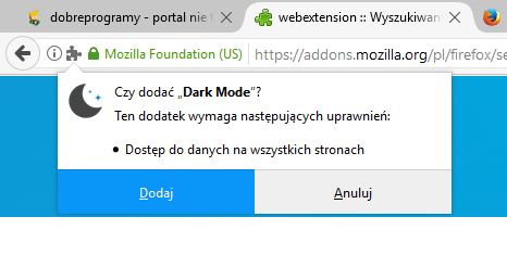 Instalując rozszerzenie WebExtension zostaniemy poproszeni o udzielenie wymaganych uprawnień
